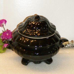 GCI 1995 Black Glazed Pot w/ Lid Hand Painted Gold Trim 2 Handle 4 Footed 5.5" H
